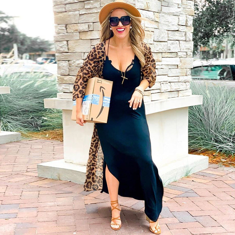 Leopard Point Chiffon Loose Long Cardigan Beach Sun Protection Coat Beach Cover Up Swimsuit Outwear Women