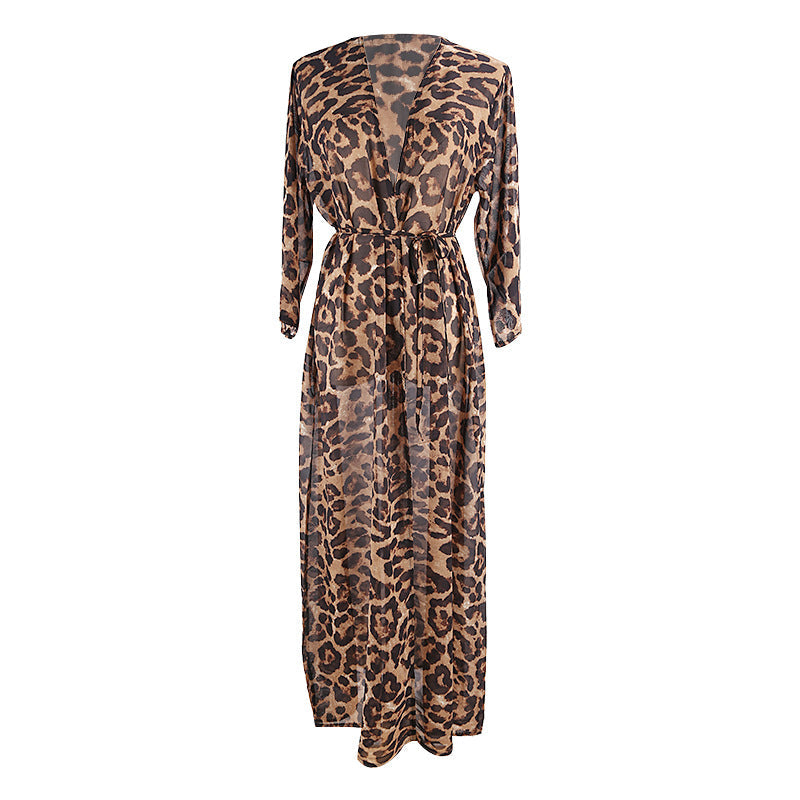 Leopard Point Chiffon Loose Long Cardigan Beach Sun Protection Coat Beach Cover Up Swimsuit Outwear Women