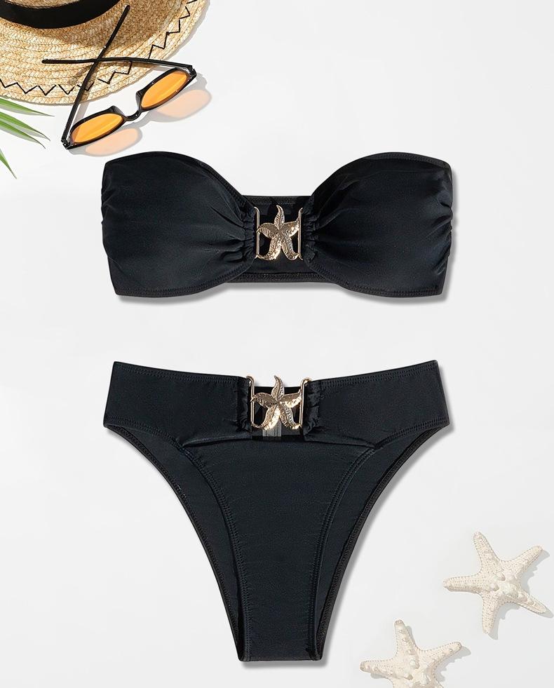 Bikini Swimsuit Split Tube Top Solid Color Bikini High Waist Sexy Swimsuit