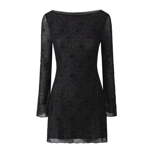 Sexy Pure Black Floral Line round Neck Long Sleeve A line Dress Women Slim Fit Cinched Short Dress Slimming