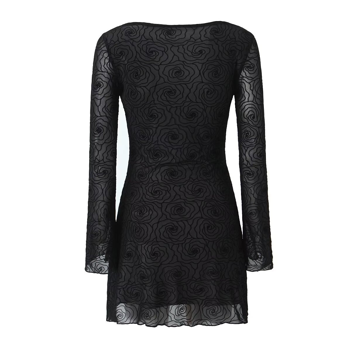 Sexy Pure Black Floral Line round Neck Long Sleeve A line Dress Women Slim Fit Cinched Short Dress Slimming