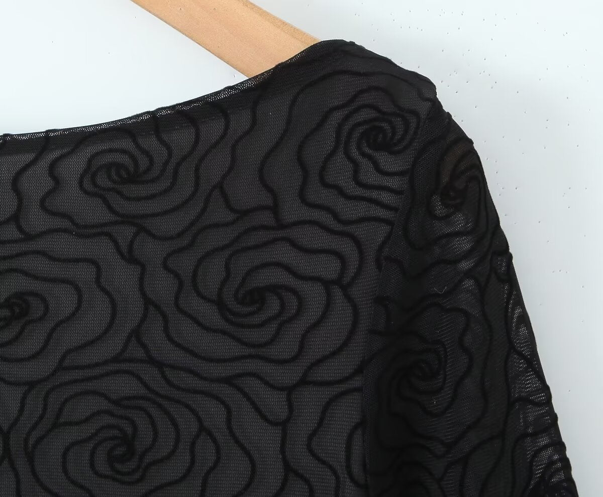 Sexy Pure Black Floral Line round Neck Long Sleeve A line Dress Women Slim Fit Cinched Short Dress Slimming