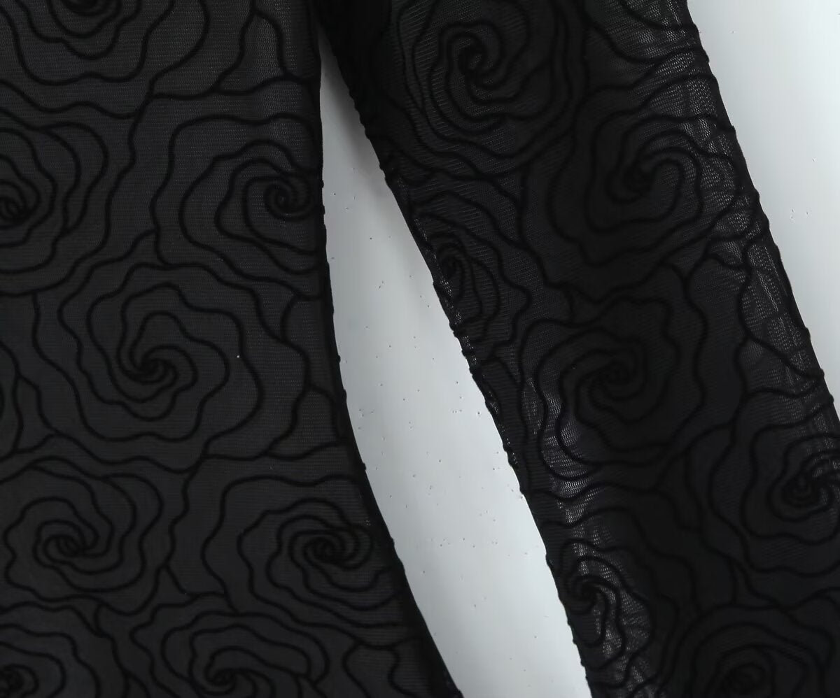 Sexy Pure Black Floral Line round Neck Long Sleeve A line Dress Women Slim Fit Cinched Short Dress Slimming