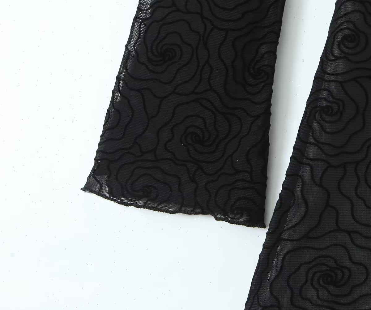 Sexy Pure Black Floral Line round Neck Long Sleeve A line Dress Women Slim Fit Cinched Short Dress Slimming