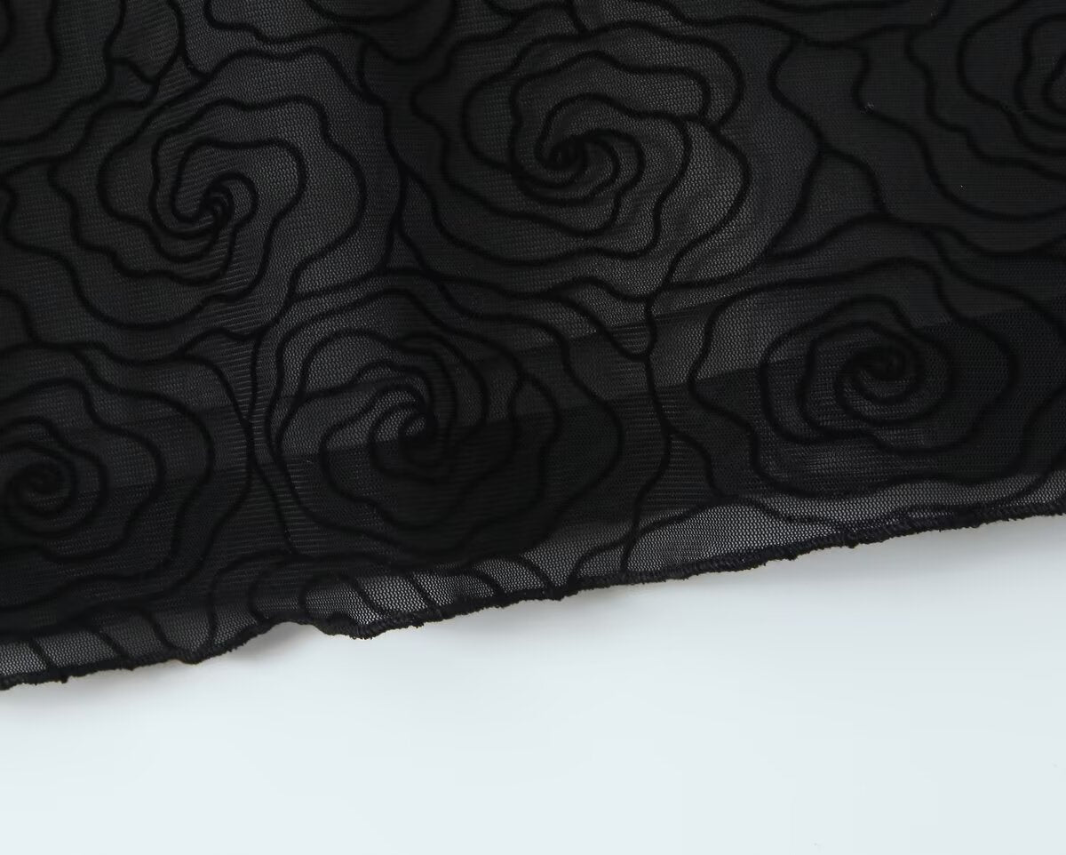 Sexy Pure Black Floral Line round Neck Long Sleeve A line Dress Women Slim Fit Cinched Short Dress Slimming