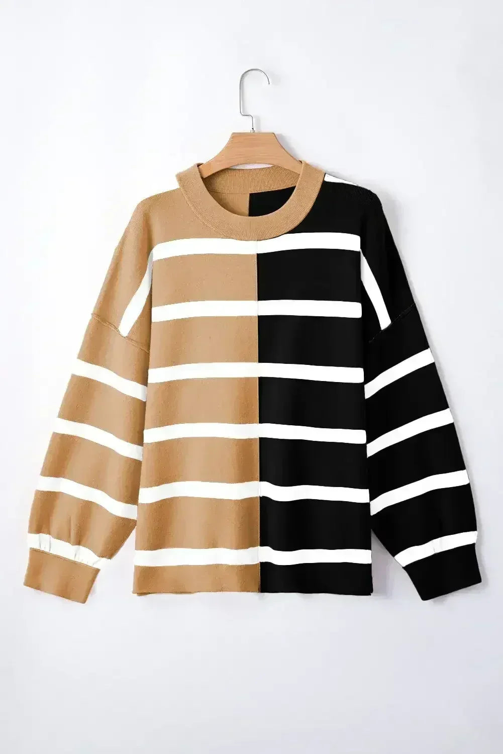 Pink Striped Patchwork Drop Shoulder Sweater