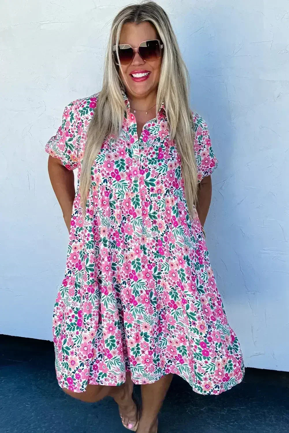 Pink Plus Size Floral Half Button Puff Sleeve A Line Dress