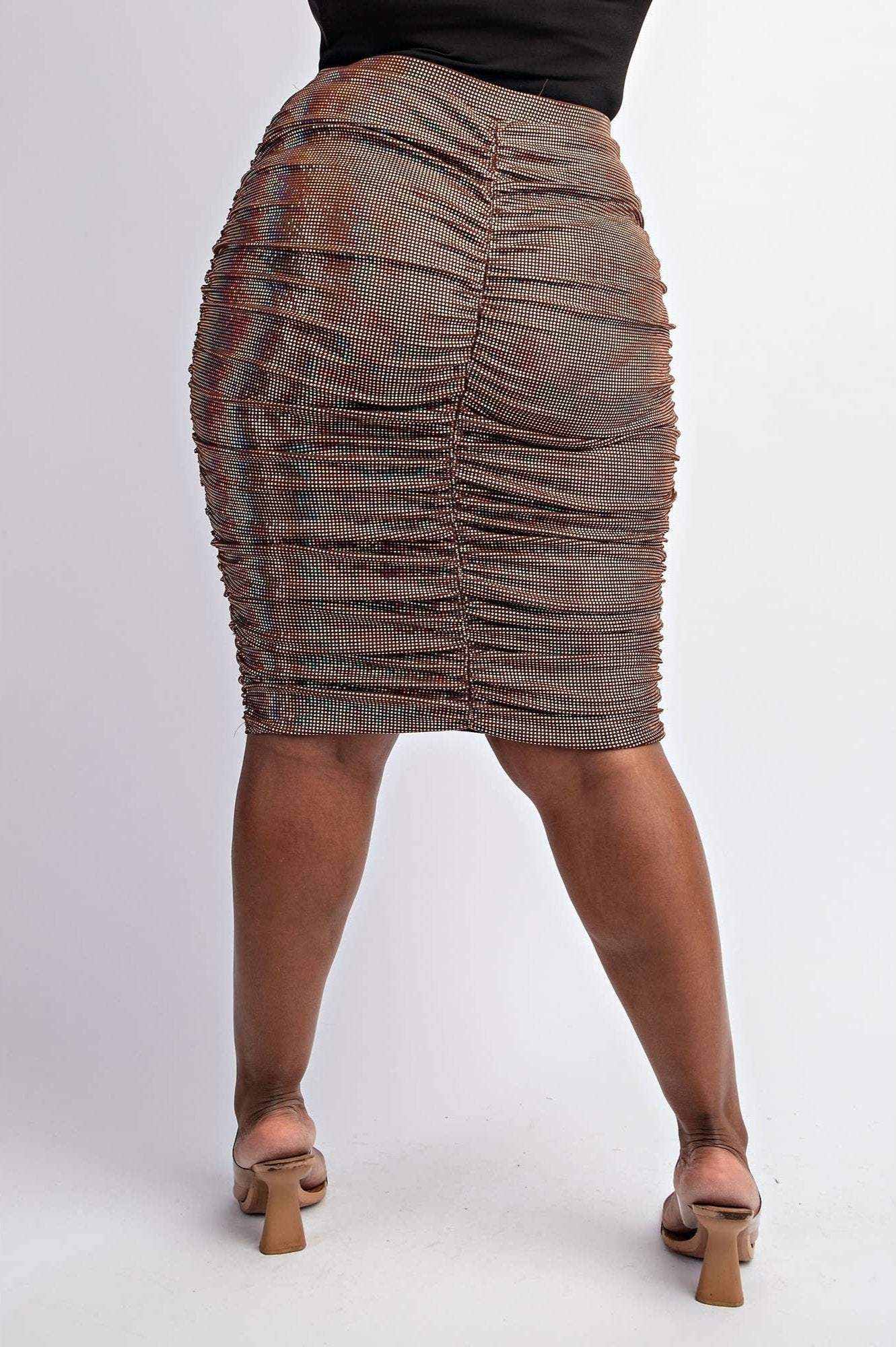 Athena Plus Size Skirt - Gold Ruched Below the Knee for Effortless Elegance