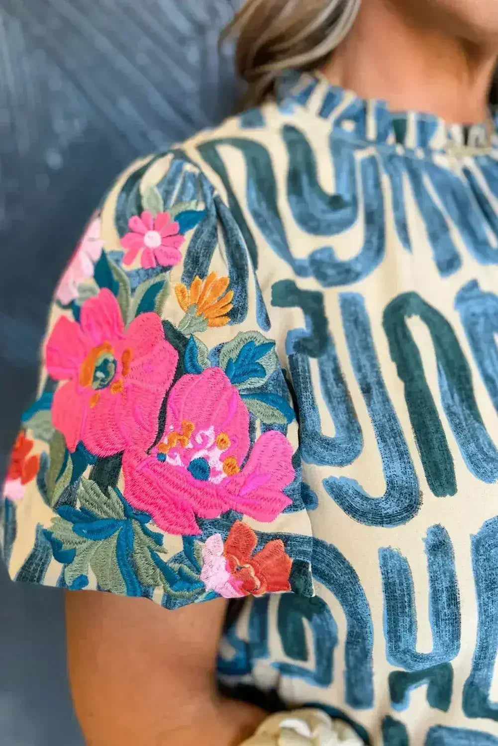 Beige Embroidered Puff Sleeve Frilled Neck Printed Top | Femstylo