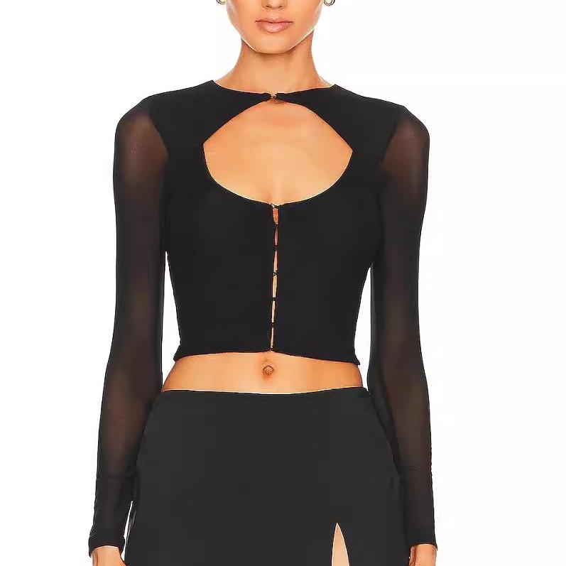 Black Long Sleeve Mesh Design Blouse Women Autumn Slim Fit Cardigan Buckle T shirt