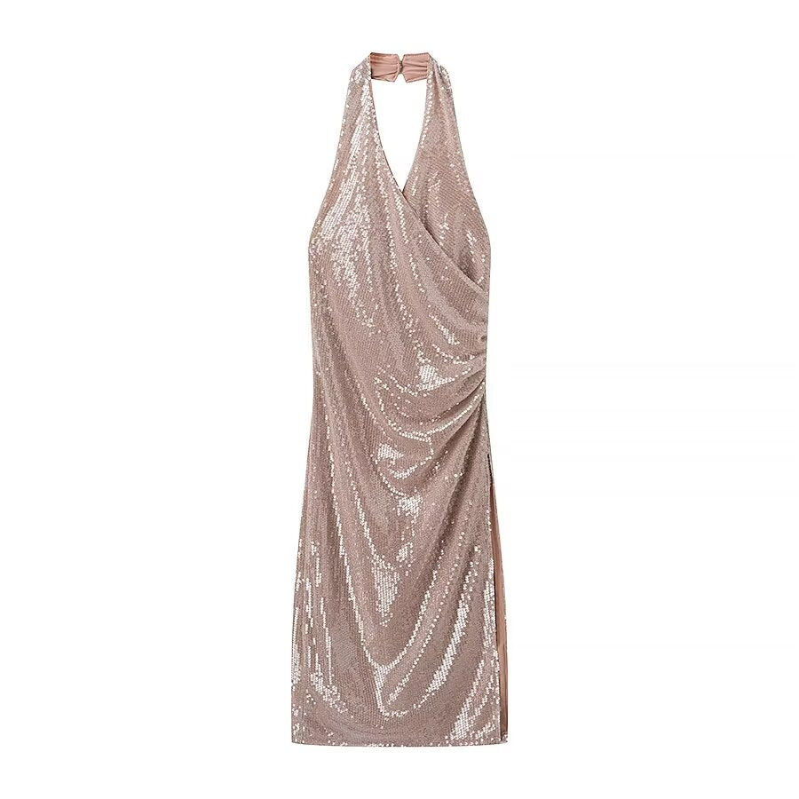 Women French Sequin Pleated Halter Dress