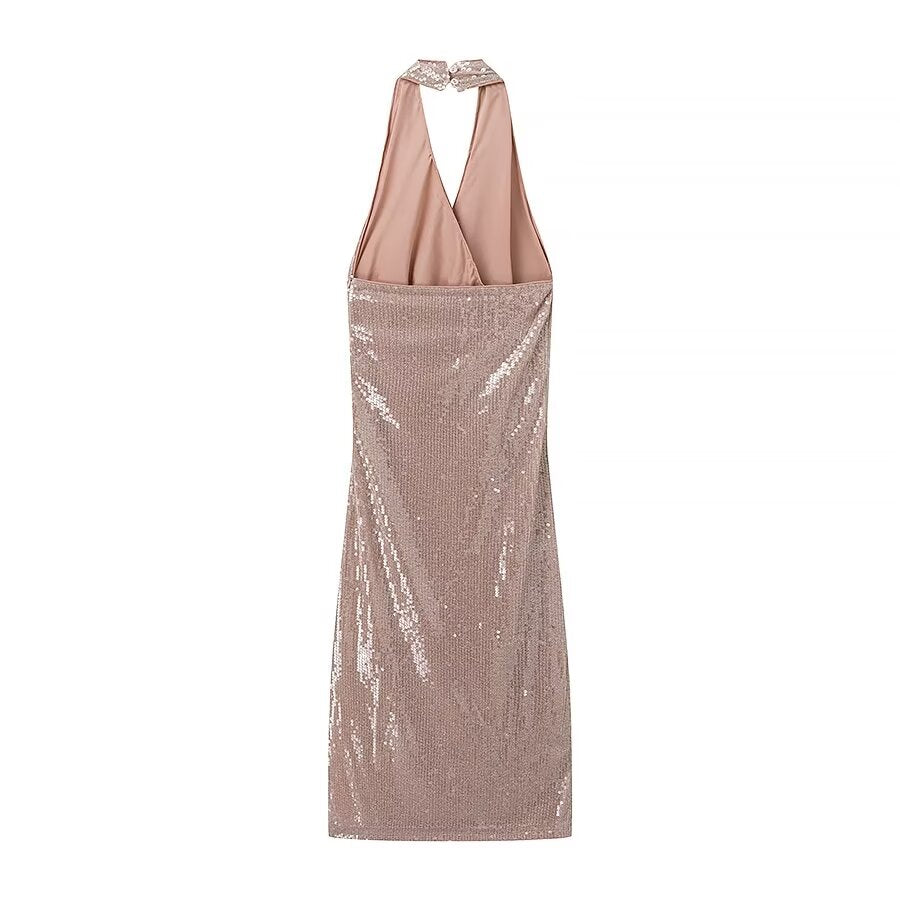 Women French Sequin Pleated Halter Dress