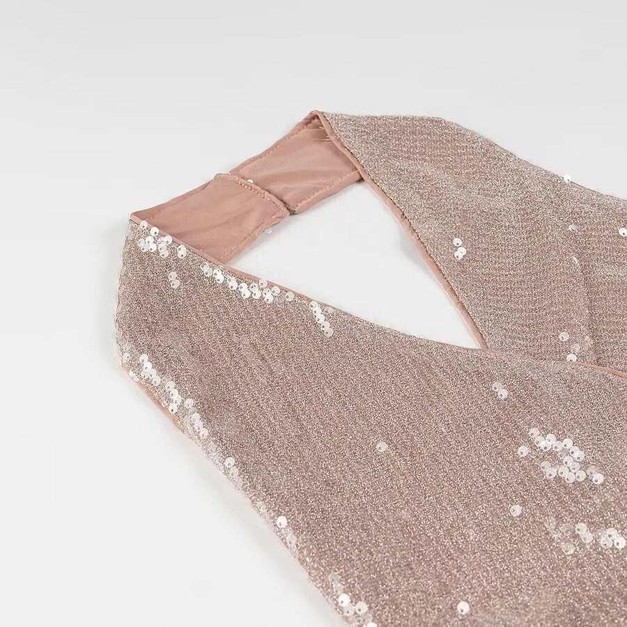 Women French Sequin Pleated Halter Dress