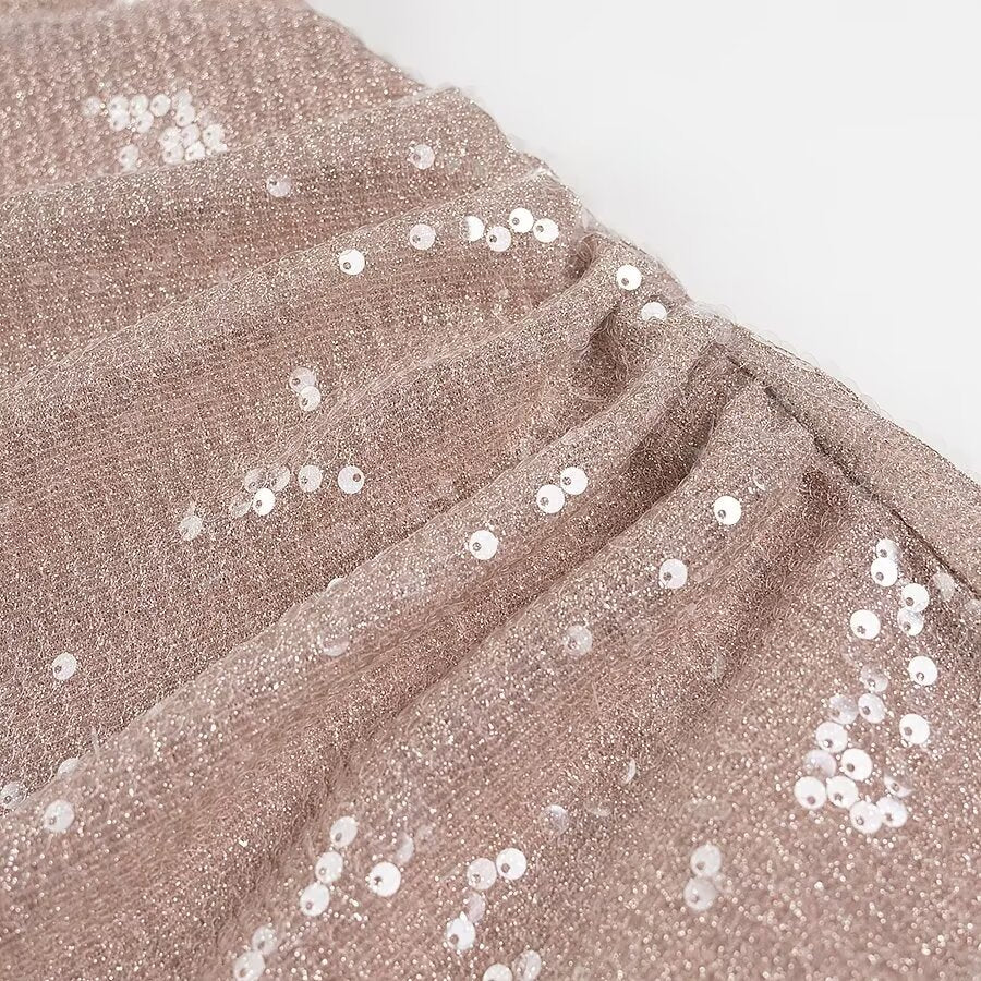 Women French Sequin Pleated Halter Dress