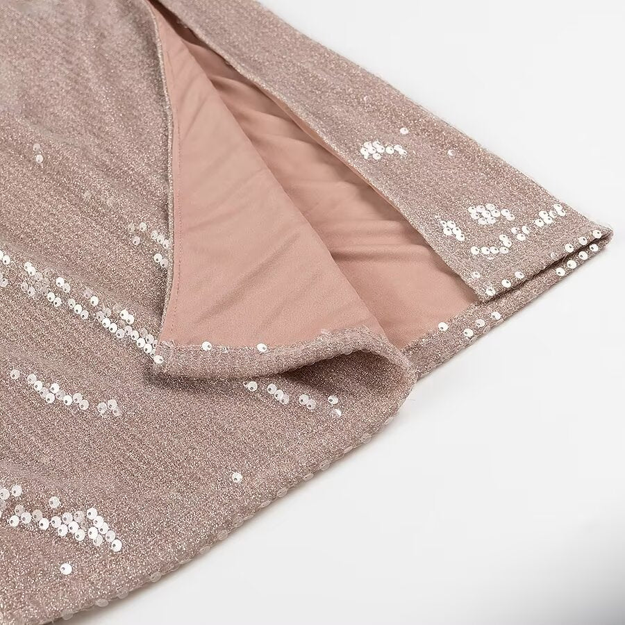 Women French Sequin Pleated Halter Dress