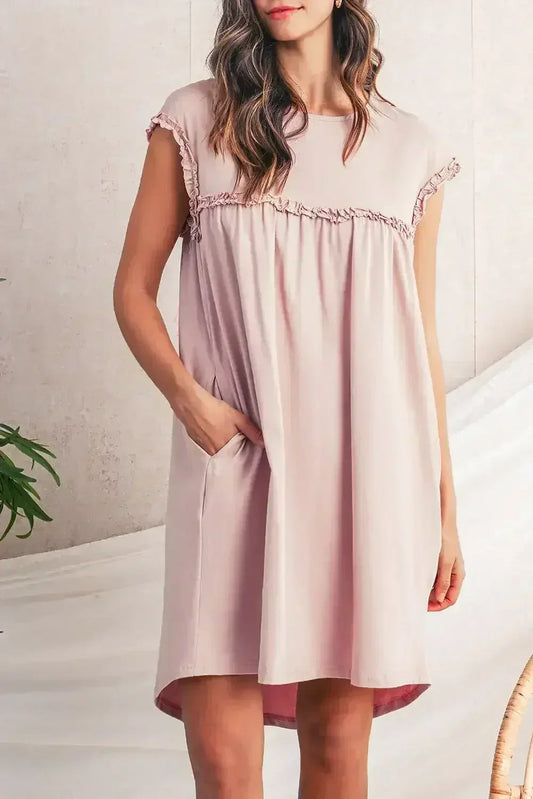 Oatmeal Frilled Trim Crewneck Loose Fit Mini Dress