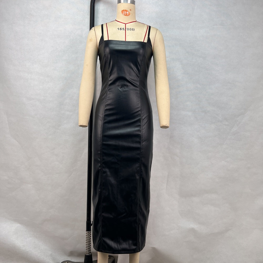Women Clothing Dress Spring Summer Leather Sling Zipper Back Slit Line Waist Tight Hip Dress