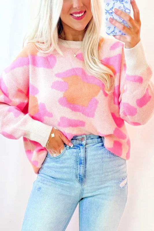 Sachet Pink Cheetah Colorblock Sweater Long Sleeve Cozy