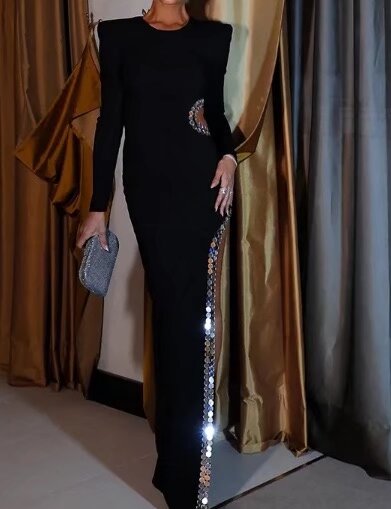 Winter Women Clothing Simple Sexy Cutout Slit Slim Fit Maxi Dress