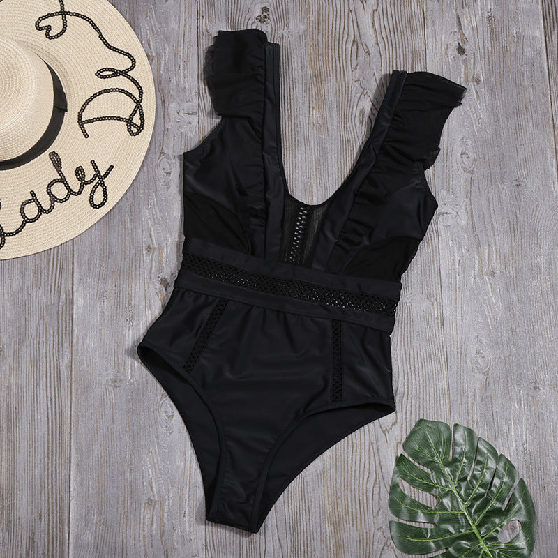 Sexy Hollow Out Cutout Swimsuit Women Deep V Plunge Plunge One-Piece Swimsuit Ruffled Bikini