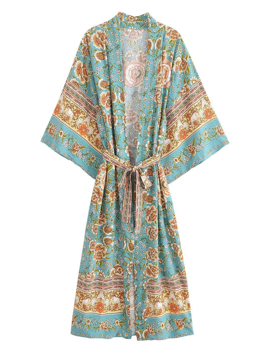 Autumn Women Rayon Positioning Floral Belt Long Kimono Cardigan