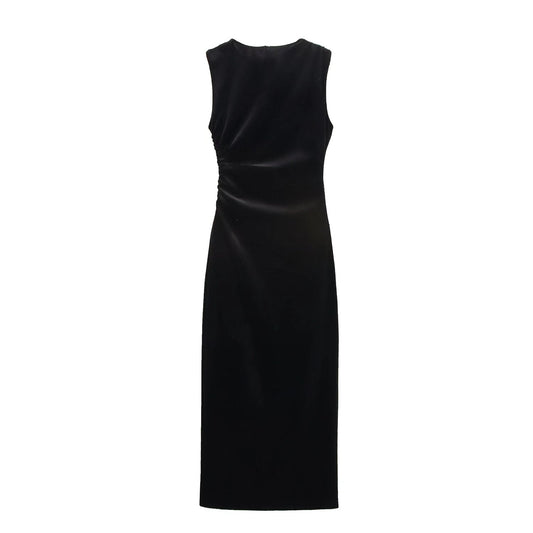 Spring Women Elegant Velvet Texture Pleated Midi Dress