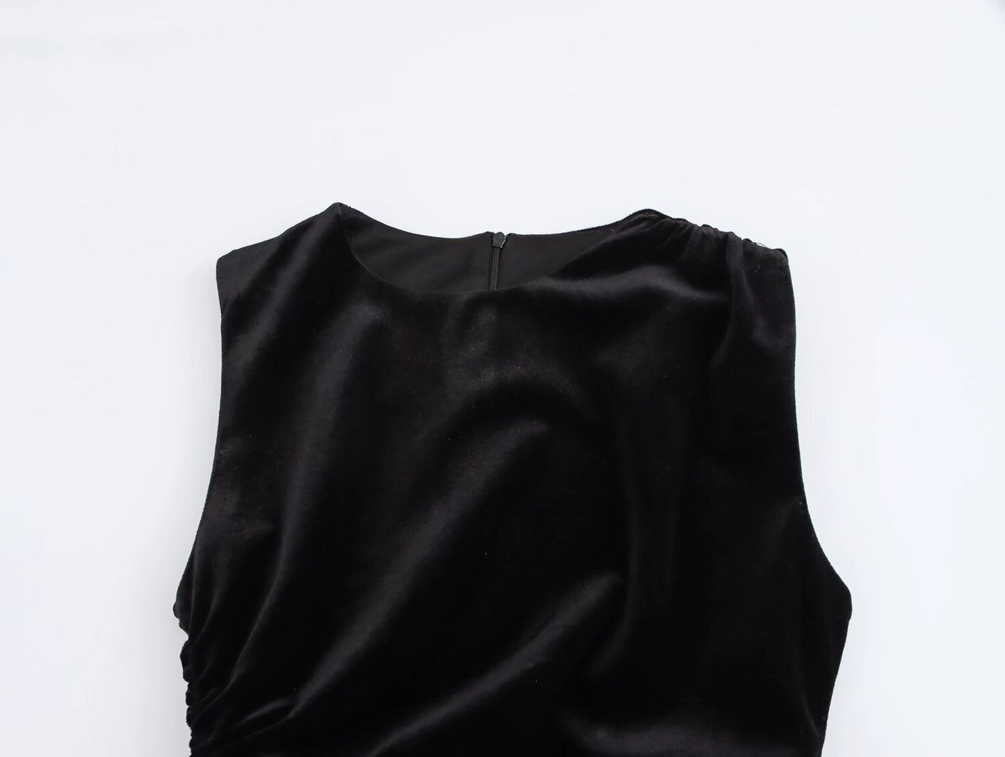 Spring Women Elegant Velvet Texture Pleated Midi Dress