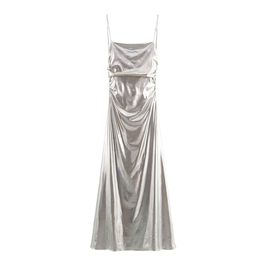 Women Clothing Metal Foil Pleated Slim Strap Dress