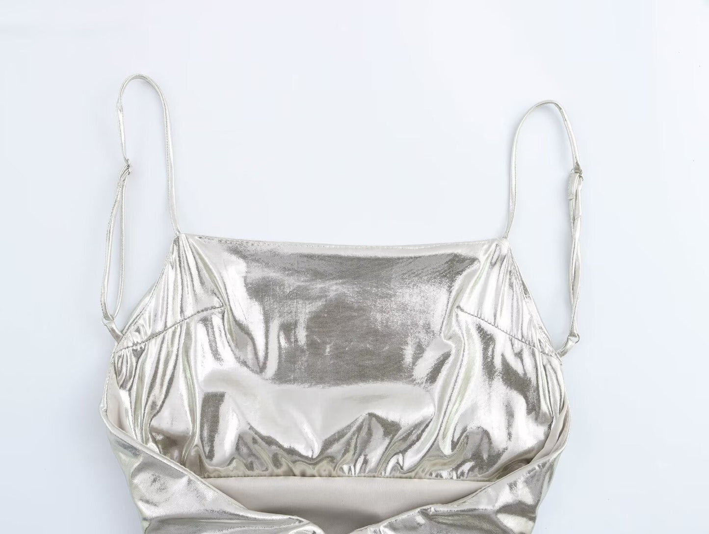 Women Clothing Metal Foil Pleated Slim Strap Dress