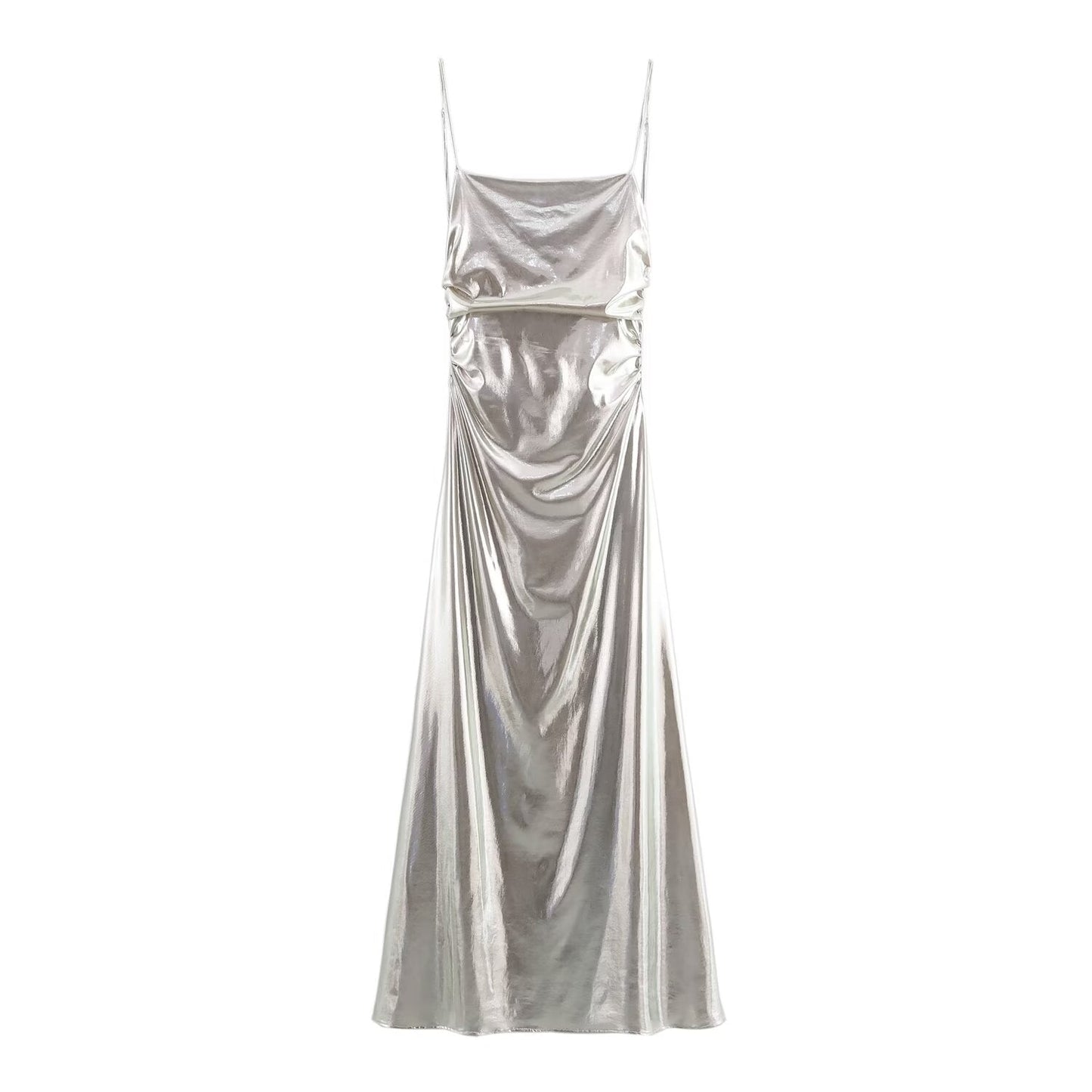 Women Clothing Metal Foil Pleated Slim Strap Dress