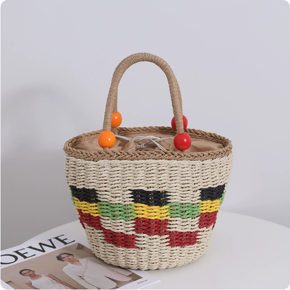 Cute Wooden Bead Portable Straw Weaved Bag Fresh Color Plaid Hand Carrying Woven Bag Fruit Picnic Basket Beach Bag