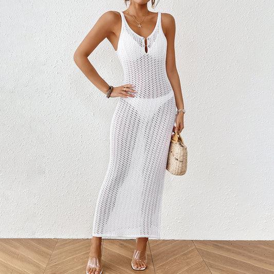 Beach Casual Solid Color Knitted Spaghetti Straps Knitted Blouse Outwear Dress Women