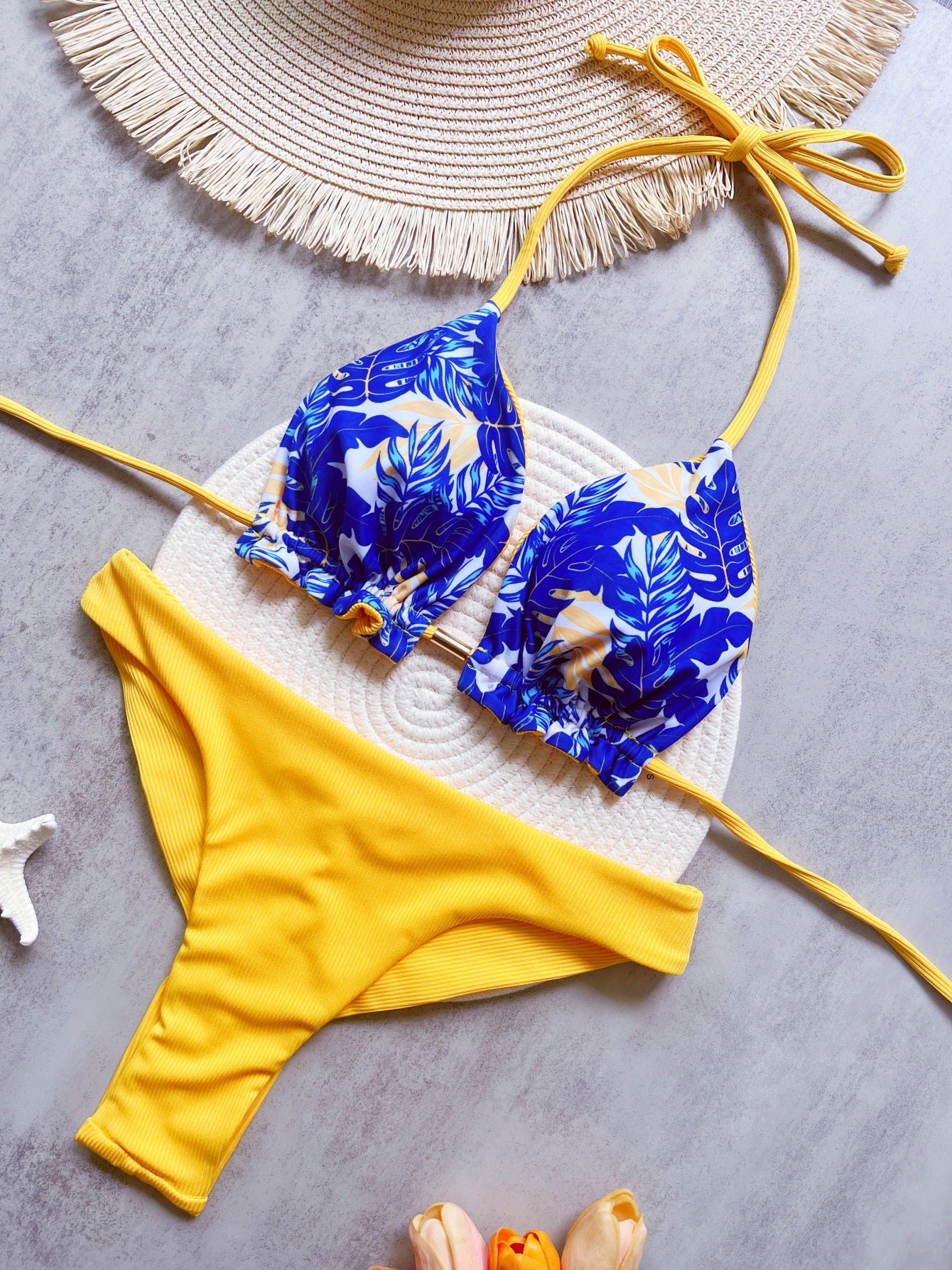 Bikini Rib Fabric Printed Sexy Backless Split Swimsuit Bikini