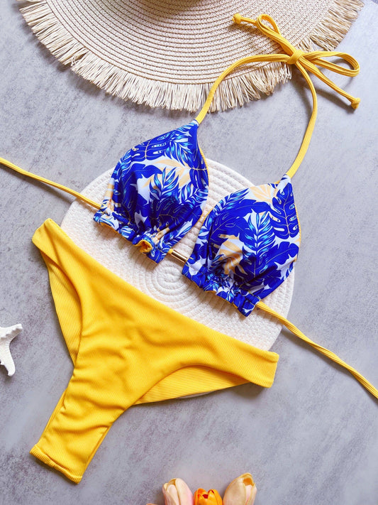 Bikini Rib Fabric Printed Sexy Backless Split Swimsuit Bikini