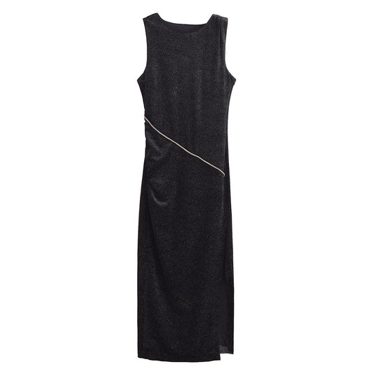 Women Clothing Elegant Slim Shiny Ornament Velvet Sleeveless Dress