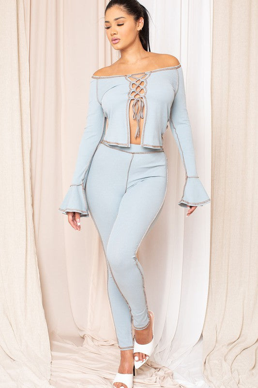 MADDIE INSIDE OUT STITCH LACE DOWN FRONT LONG SLEEVE CROP TO PANT SET