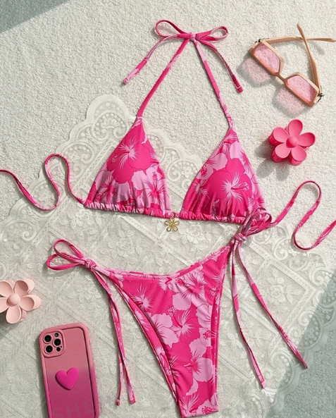 Floral Tie Neck Bikini Sexy Split Swimsuit Women Three Point Bikini Swimsuit