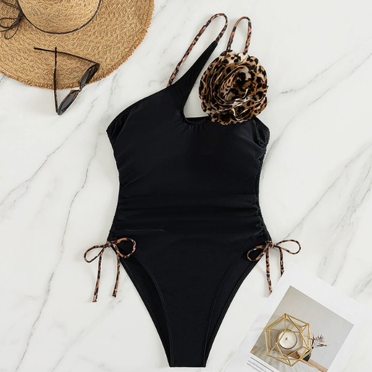One Piece Swimsuit Women One Shoulder Lace up Sexy Leopard Figure Swimsuit