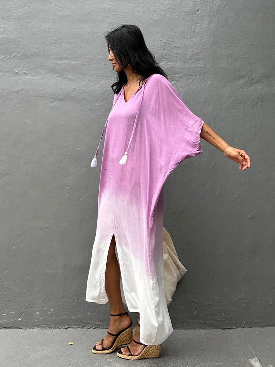 Gradient Color Rayon Beach Dress Vacation Beach Cover Up Swimsuit Outwear Dress Women Slit