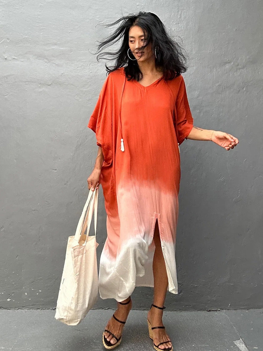 Gradient Color Rayon Beach Dress Vacation Beach Cover Up Swimsuit Outwear Dress Women Slit