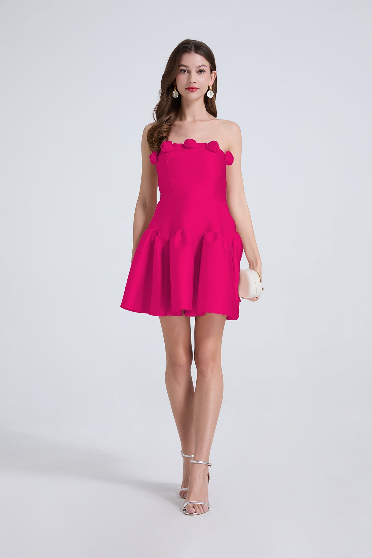 Ladies Elegant Three Dimensional Flower Waist Solid Color Strapless Little Dress