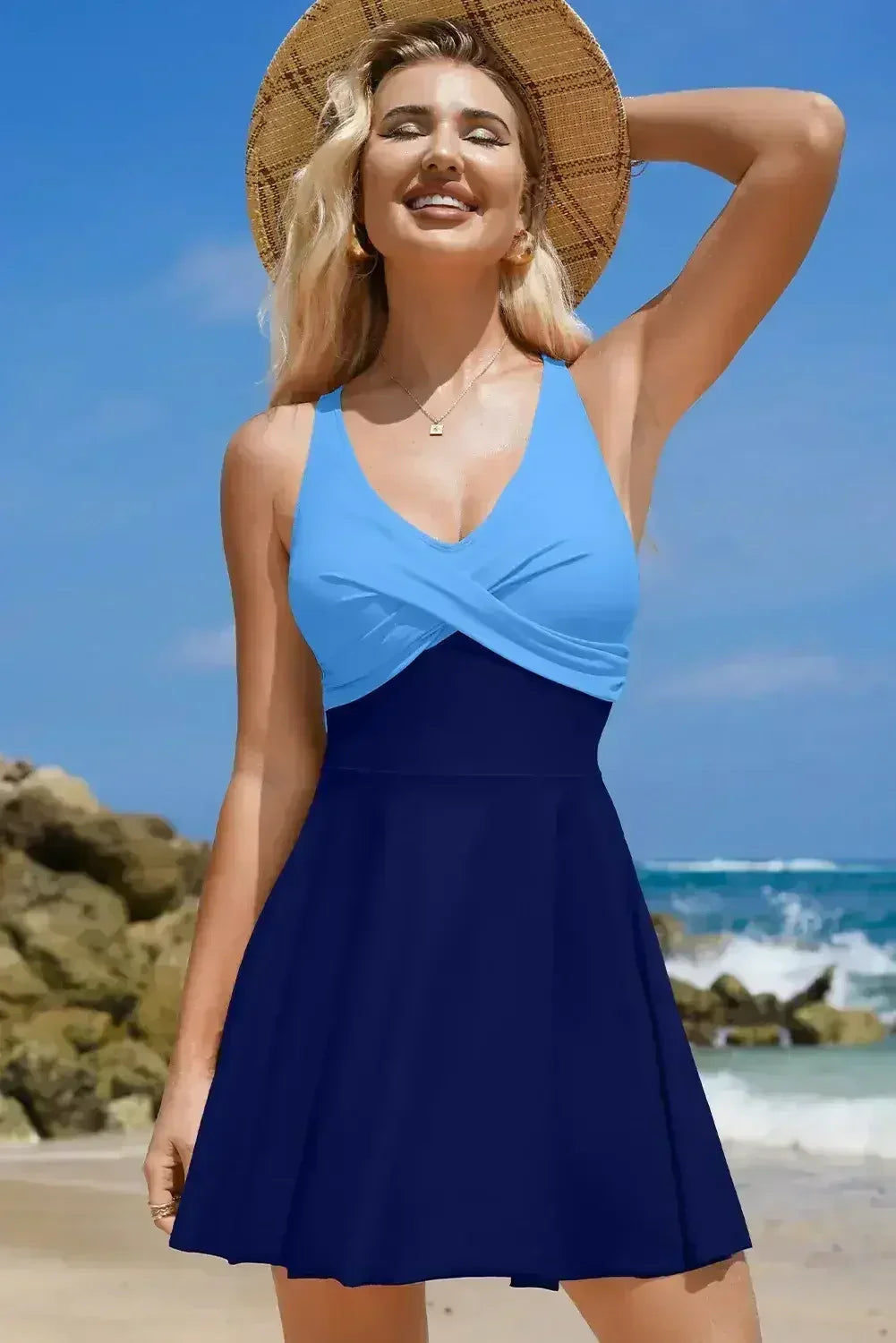 Black Criss Cross Straps Tie Back Flared One Piece Swimsuit