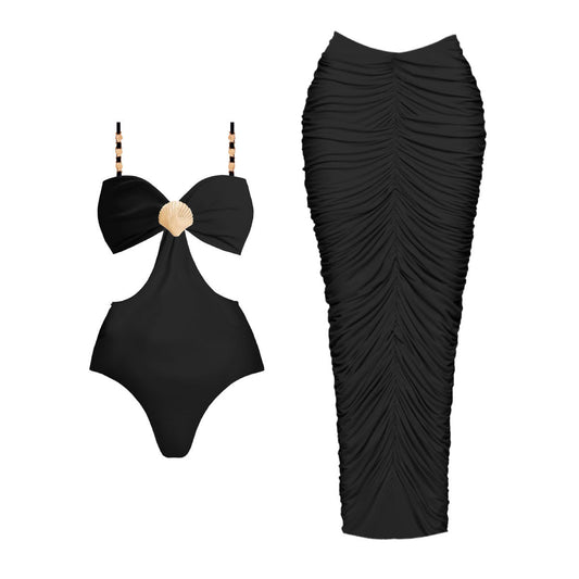 Pure Black Tube Top One Piece High Waist Bikini Swimsuit Women Sexy Backless