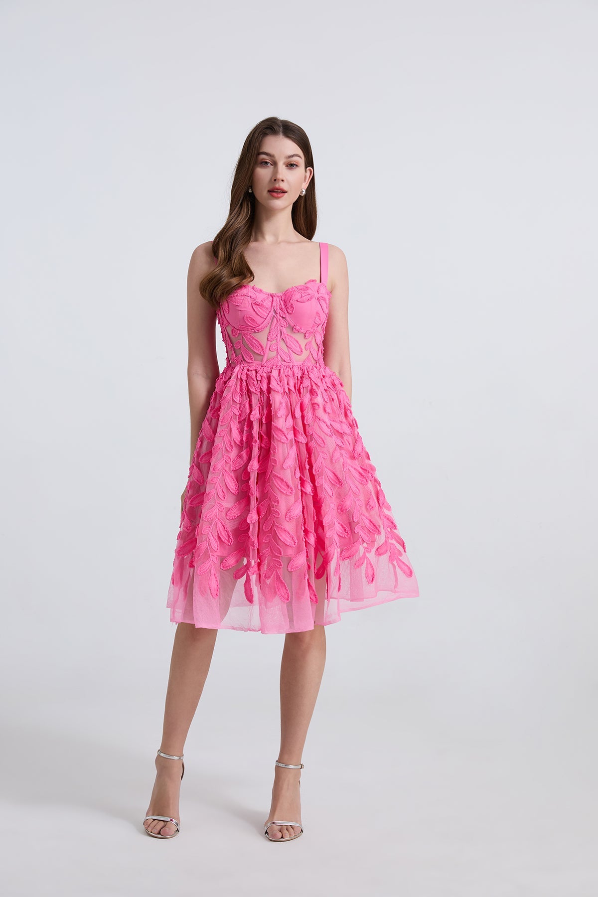 Women Embroidered Lace Mesh Slim Fit Fishbone Wire Halter Top Swing Multi Layered Dress