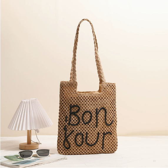 Letter Graphic Embroidery One Shoulder Straw Bag Hollow Out Cutout out Straw Bag Woven Bag Vacation Beach Bag Women Bag