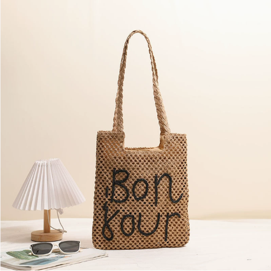 Letter Graphic Embroidery One Shoulder Straw Bag Hollow Out Cutout out Straw Bag Woven Bag Vacation Beach Bag Women Bag