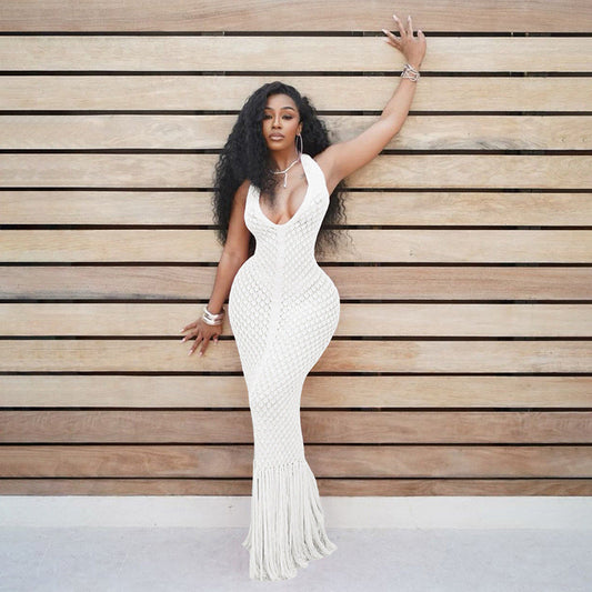 Summer Beach Dress Women Solid Color Sexy Knitted Beach Group Cover up Sunscreen Knitted Dress