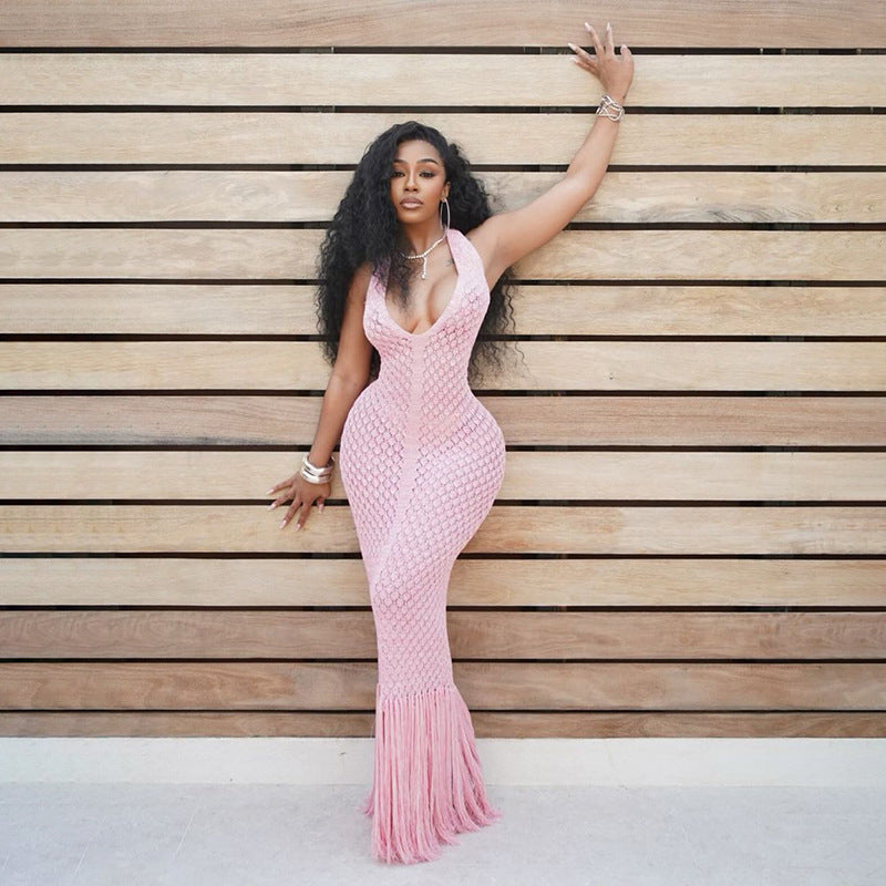 Summer Beach Dress Women Solid Color Sexy Knitted Beach Group Cover up Sunscreen Knitted Dress