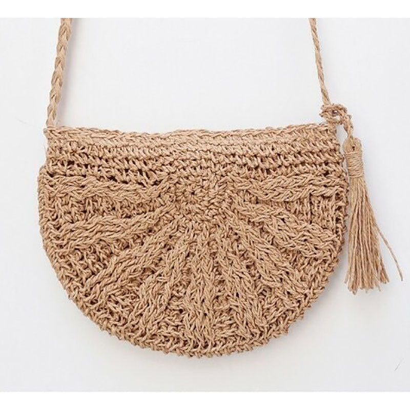 Crossbody Bag Women Handmade Straw Bag Shoulder Tassel Crochet Woven Bag Vacation Beach Bag