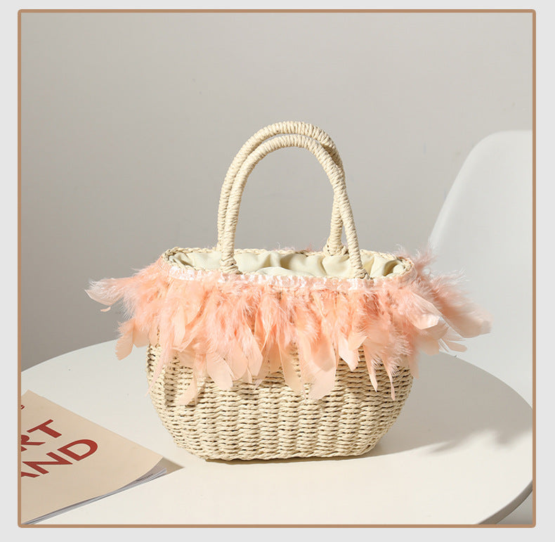 Straw Bag Women Fairy Feather Model Straw Bag Woven Bag Handbag Travel Bag Vacation Beach Bag